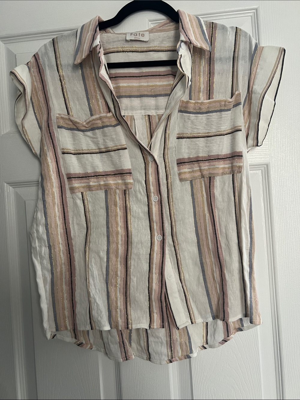 Fate Vertical Stripe Button-Down Top in Cream, Blush and Gray